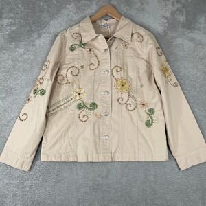 Graff Denim Jacket Womens Medium Tan Floral Embroidered Beaded Boho Art to Wear